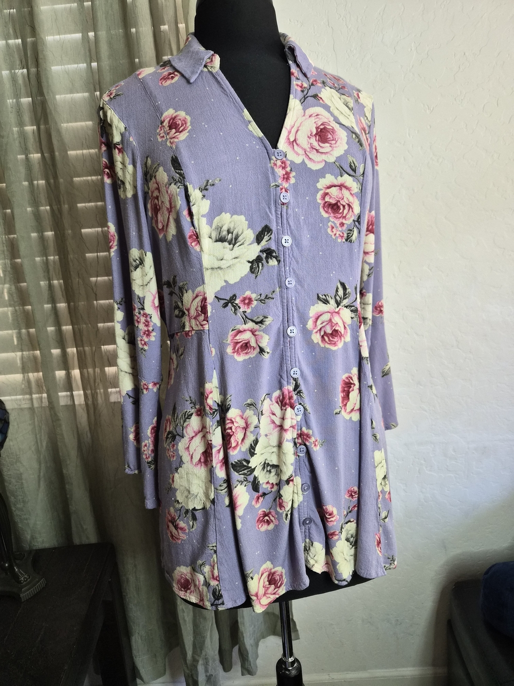 Torrid Lavender Floral Button-Front Fit & Flare Tunic Blouse #0413